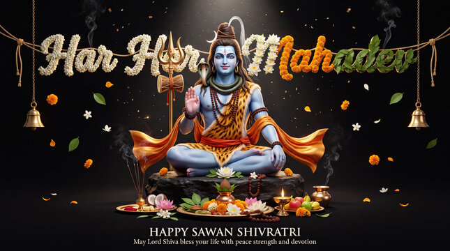 Lord shiva sitting in meditation, holding a trident, surrounded by floral offerings, hanging bells, and the text har mahadev against a dark black background, for sawan shivratri celebration