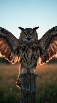 Owl perched in sunset with wings spread on rustic wooden post