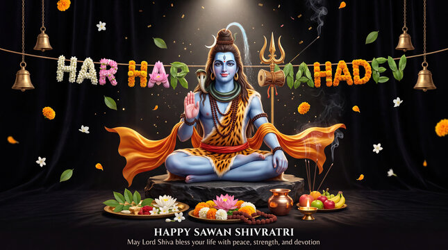 Lord shiva sitting in a meditative pose on a stone pedestal, surrounded by hanging brass bells, marigold flowers, and the text har mahadev against a dark draped background, for sawan shivratri
