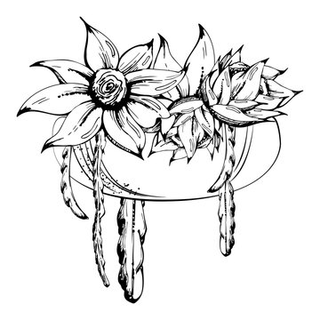 Araucaria spiky rosettes, succulent plants with trailing disocactus foliage in ceramic planter bowl. Finely lined vector ink hand drawn illustration. Home styling visuals and sustainable brand assets.