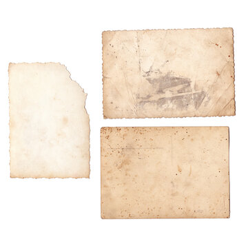 Vintage old photos back texture with visible stains, aged yellowed details. Retro brown photo frames isolated on white abckground