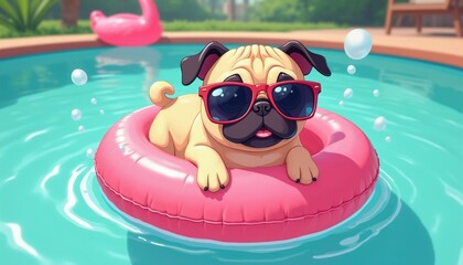 Fototapeta na wymiar Cute cartoon pug wearing red sunglasses floats on pink ring in turquoise swimming pool water. Funny dog relaxes during hot summer day outdoors. Pet animal enjoys pool party fun with bubbles around