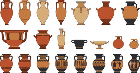Ancient Greek Pottery and Terracotta Amphora Vector Set with Antique Clay Vases, Bowls, and Historical Black-Figure Artwork Illustrations for Archaeology and Museum Graphics © ArjunaAkter