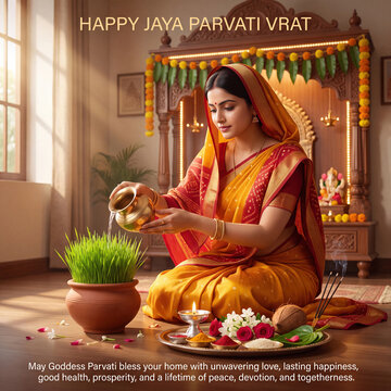 Indian woman in a yellow and red sari performing a jaya parvati vrat ritual, pouring water from a brass pot onto a pot of fresh green wheat grass in a home shrine setting
