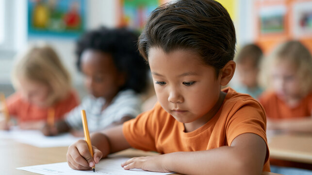 Young asian boy concentrating on writing in a diverse classroom, engaging in early childhood education and actively learning basic skills during school lesson time