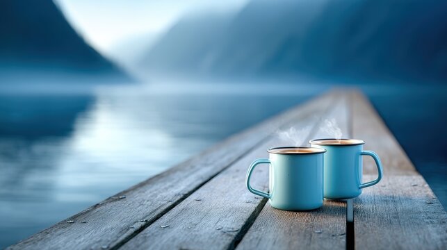Two steaming enamel mugs on wooden dock by mountain lake for cozy cold morning background design card poster and travel banner