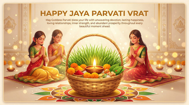 Happy jaya parvati vrat greeting card featuring three women in traditional indian attire praying beside a woven basket filled with wheat grass, marigold flowers, and a lit diya lamp