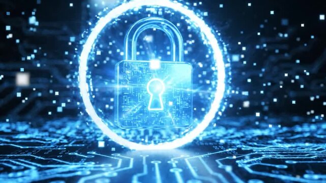 Glowing blue padlock on circuit board with digital particles