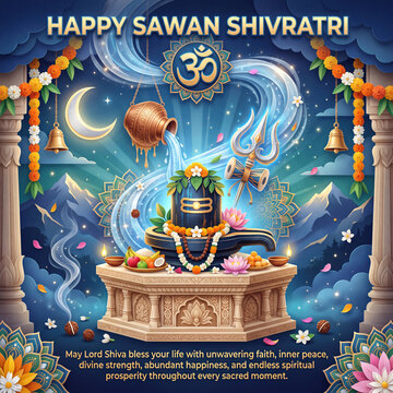Happy sawan shivratri greeting with lord shiva lingam, trishul, holy ganges water flowing from pot, om symbol, crescent moon, and marigold flower garlands on a stone altar