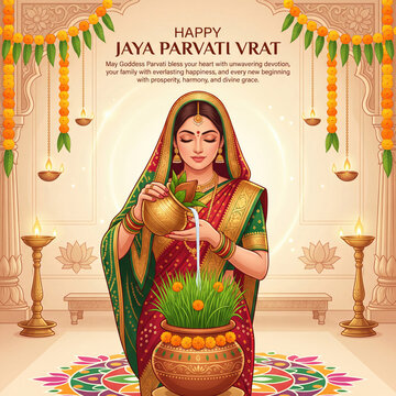 Happy jaya parvati vrat greeting card featuring a woman pouring water on a wheat grass pot, decorated with marigold garlands, traditional oil lamps, and intricate rangoli patterns