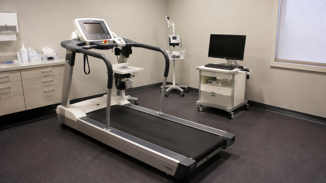 Medical treadmill stress test equipment in a clinical diagnostic room with computer monitoring station for cardiovascular health checkup with station modern hospital