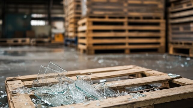 Broken glass scattered on a wooden pallet in a warehouse. The background features stacked wooden pallets and a blurred industrial setting.