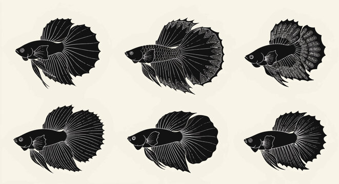 Collection of six black betta fish silhouettes with detailed white line art fin patterns and scales isolated on a light cream background for graphic design and branding projects.