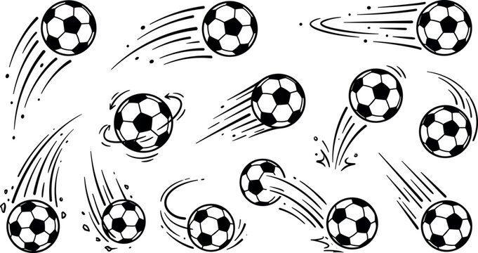 Flying soccer balls with motion speed lines set featuring hand drawn sketch style flying kicking spinning and bouncing football icons vector illustration