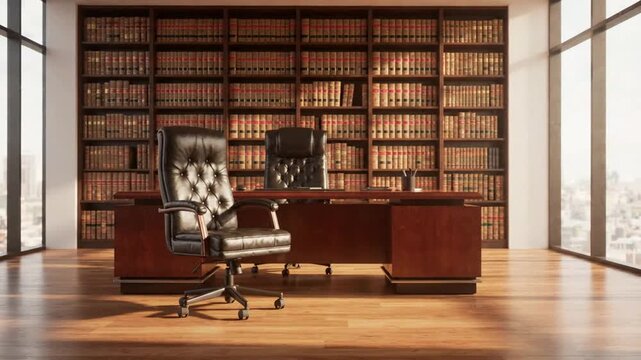 Luxurious Law Office Interior with Large Wooden Desk, Leather Chairs, and Extensive Book Shelves, Corporate Executive Space for Legal Professionals