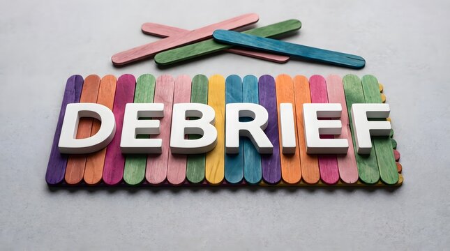 Creative business debrief concept with wooden text on colorful popsicle sticks for team workshop background