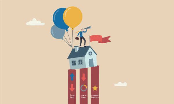 House mortgage loan flag on red pillars from inflation, real estate price bubble or housing investment opportunity concept, home owner with telescope on flying house with balloon