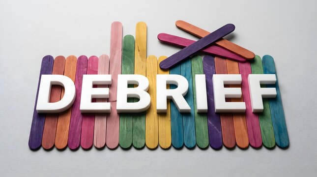 Creative business debrief concept with text on colorful popsicle sticks for team evaluation background