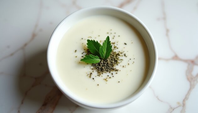 White ceramic bowl of creamy yogurt soup with green herbs garnish on marble table surface. Traditional fermented dairy meal served in small dish. Healthy cold appetizer prepared with fresh natural