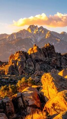 Naklejka premium Golden sunrise illuminates rugged mountain peaks and rocky foreground.
