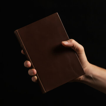Hand holding open book with fingers marking pages in dim light