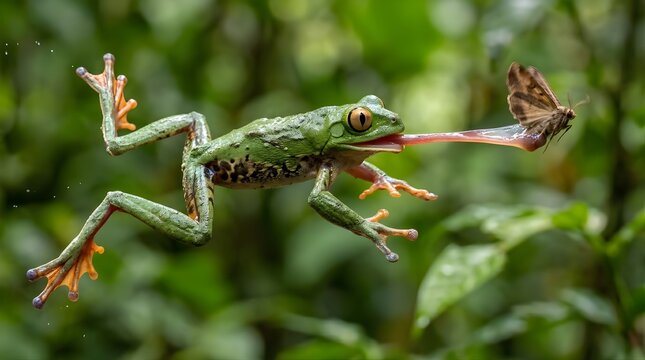 Green Tree Frog Leaping to Catch a Butterfly with its Tongue Extended.