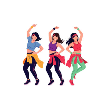 Flat vector illustration of three women performing an energetic dance workout or aerobics class on a white background.