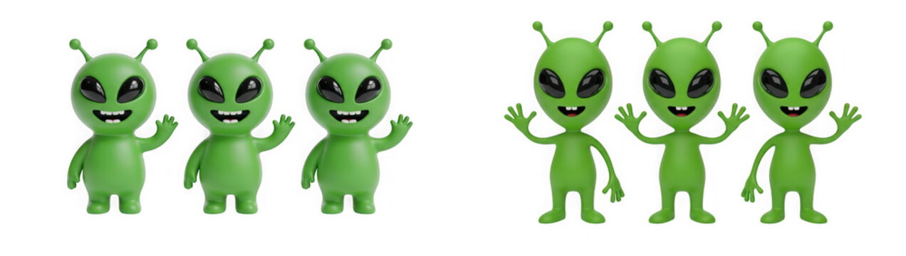 Group of cute green alien characters isolated on transparent background
