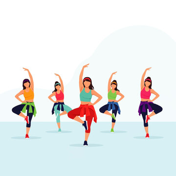 Group of women in colorful athletic wear performing synchronized aerobics and fitness dance movements vector illustration