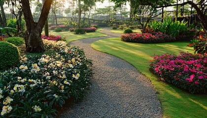 Naklejka premium A Beautiful Landscape Garden With A Winding Gravel Path And Vibrant Flowers Under Morning Sunlight
