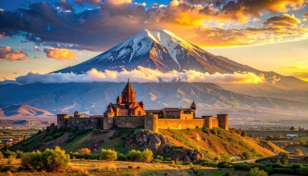 Ancient monastery nestled on a hill with a majestic snow-capped mountain in the background at sunset.
