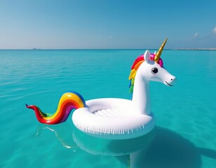 Naklejka premium Large white inflatable unicorn floatie with rainbow tail drifts on calm turquoise sea water under clear blue sky. Bright sunny day brings joy to summer vacation at ocean beach. Fun plastic pool toy