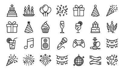 Birthday Party and Nightclub Celebration Line Vector Icon Set with Cakes, Gifts, Balloons, Cocktails, Music Speaker, Microphone, and Disco Ball Elements © Hosneara