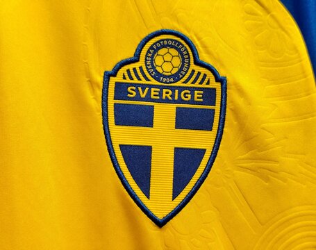Photo of the embroidered emblem of the Sweden national football team on the 2026 home kit. 