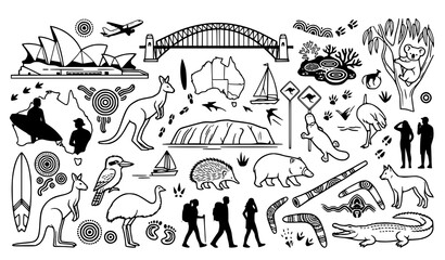 Fototapeta premium Hand Drawn Australia Travel Landmarks and Wildlife Element Set with Opera House Sydney Harbour Bridge Kangaroo Koala and Boomerang for Tourism Designs