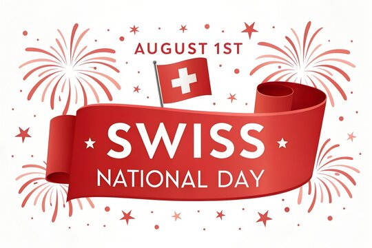 Swiss National Day Celebration August 1: Mountains, Flag, Alphorn, Goat, Edelweiss Illustration, Swiss National Day Celebration 1 August Typography