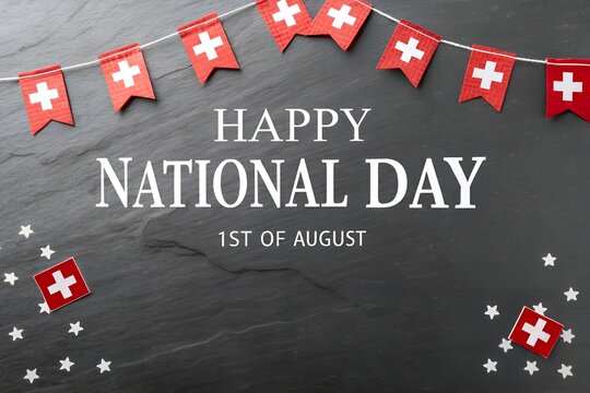 Swiss National Day Celebration August 1: Mountains, Flag, Alphorn, Goat, Edelweiss Illustration, Swiss National Day Celebration 1 August Typography