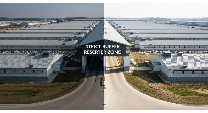 Vast industrial poultry farm facility with large scale buildings and a prominent buffer zone sign