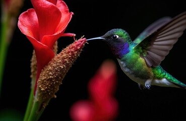 Fototapeta premium Violet capped Woodnymph hummingbird hovers near bright red flower. Small avian creature feeds on nectar in tropical Atlantic rainforest. Iridescent green blue feathers shine bird wings flutter fast.