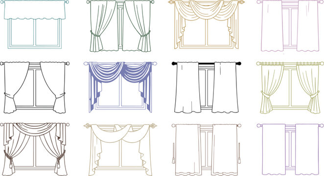 Interior decoration window treatments vector collection with thin linear symbols of curtains draperies cornices valance pelmets and hanging fabrics