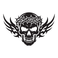 Fototapeta premium Black and white graphic illustration of a human skull wearing a crown of thorns with stylized wings.