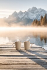 Fototapeta premium Cozy morning coffee on a lakeside dock with two steaming mugs and misty mountain sunrise for social media and background use