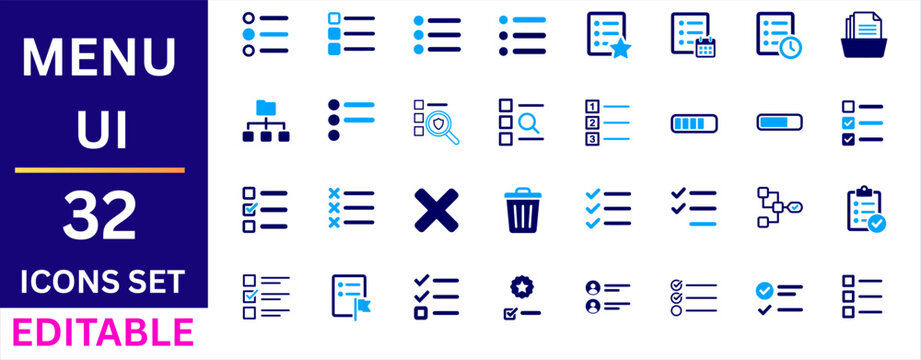 Menu ui icon set. navigation, checklist, document, folder, search, battery, progress, delete, verified, workflow, clipboard, favorite and more. editable flat icon.