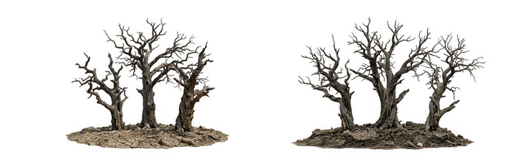 Fototapeta premium Two groups of dead trees on dry cracked earth isolated on transparent background