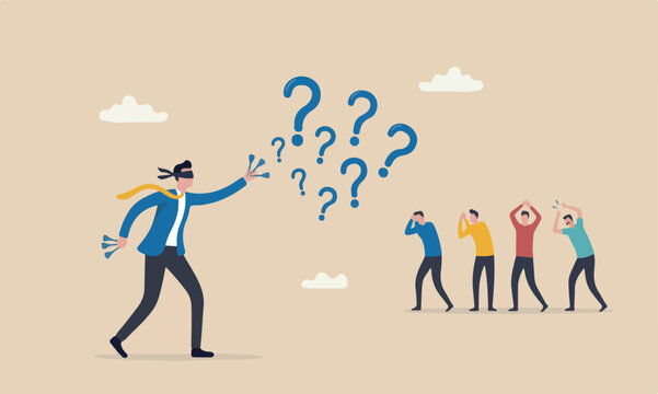 Unclear piggy bank meeting teams together blind business vision, leadership failure or mistake aiming goal, untrained or uneducated management concept, confused businessman blindfold throwing dart