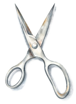 Watercolor hand drawn top view illustration of steel scissors, soft shadow, isolated on white background. Rustic cutting tool clipart for garden, kitchen, herb packaging, craft design