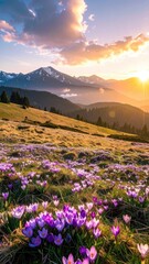 Obraz premium A breathtaking mountain landscape illuminated by the golden hues of sunset, with a field of vibrant purple crocuses in the foreground.