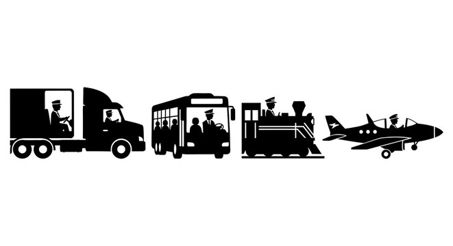 Transportation evolution silhouette truck bus train steam engine and jet aircraft