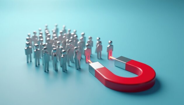 Red horseshoe magnet attracts small silver human figures. Business concept of customer attraction and lead generation strategy. Marketing and sales funnel visualization. Crowd pulling power.