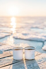 Naklejka premium Cozy winter beach sunrise scene with two enamel mugs of hot drink for design, card, poster and background use